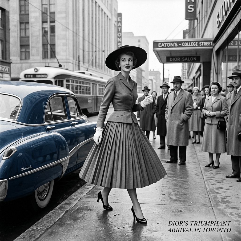 Woman in Dior outfit walking beside a Buick on Toronto’s College Street; text reads “DIOR’S TRIUMPHANT ARRIVAL IN TORONTO”