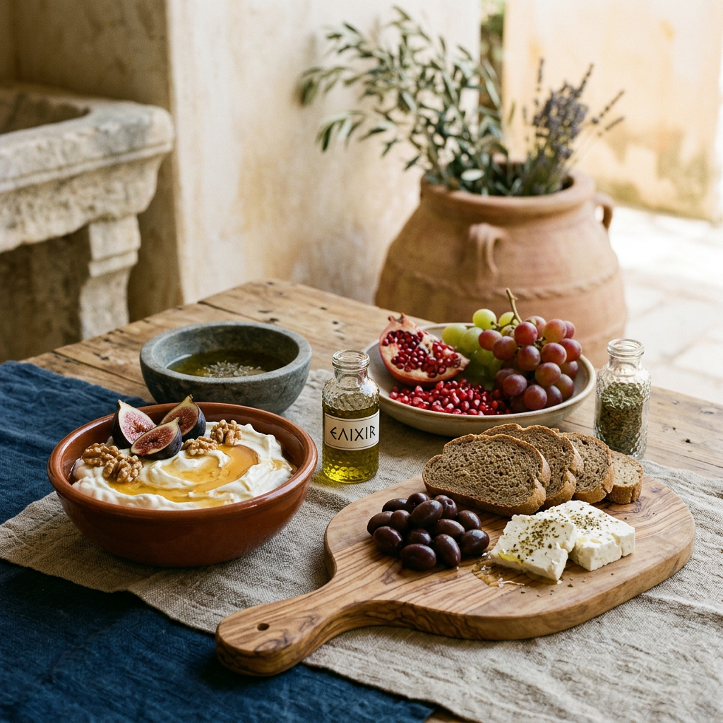 Mediterranean breakfast spread with yogurt, fruit, bread, olives, cheese, and olive oil