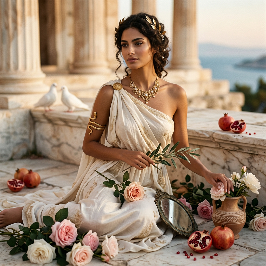 Woman in Grecian gown holding olive branch among flowers and pomegranates