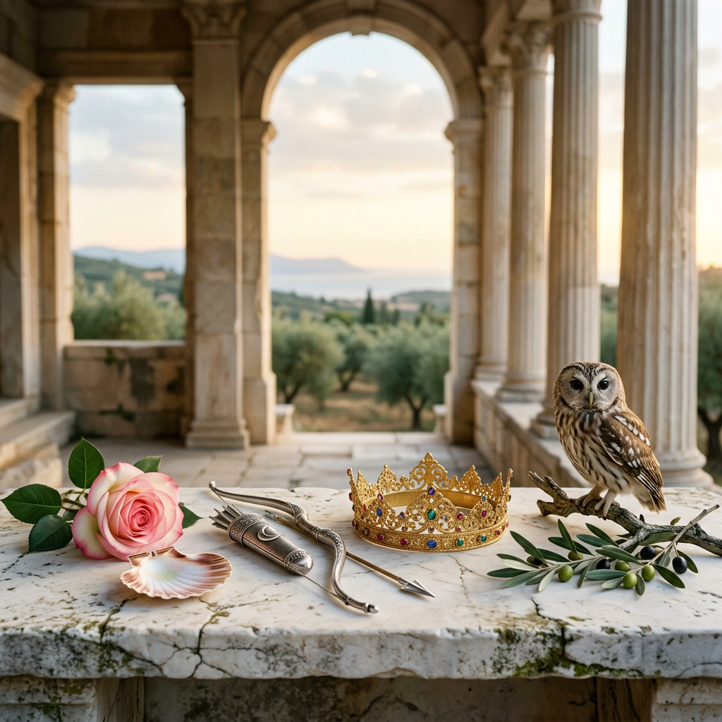 Jeweled crown, owl, rose, shell, silver weapons, and olive branch on stone table