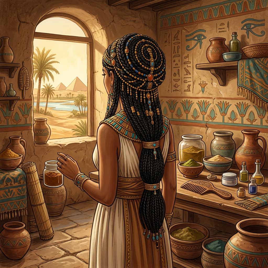 Ancient Egyptian haircare ritual illustration