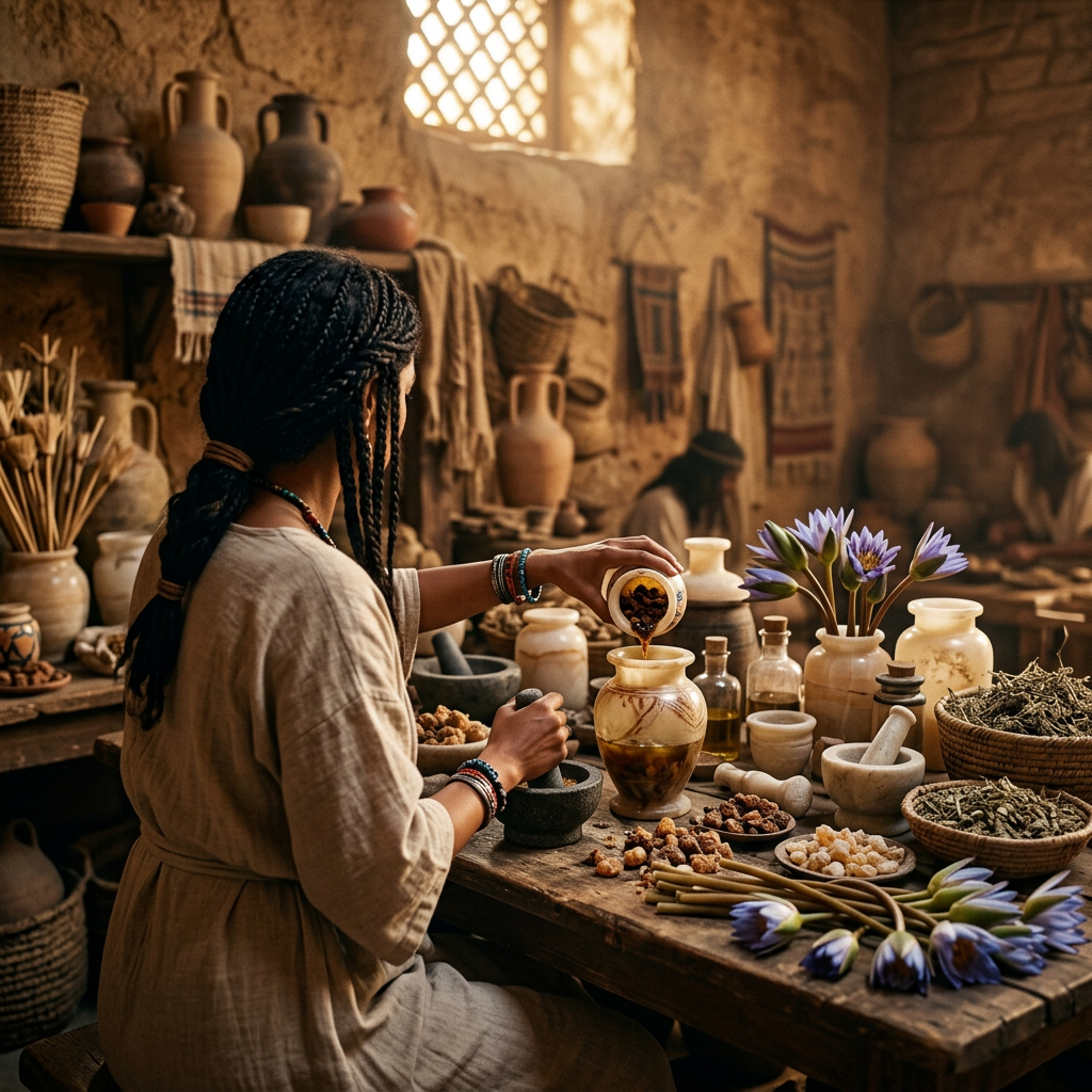 Herbalist pouring ingredients into a jar at a table of herbs and flowers