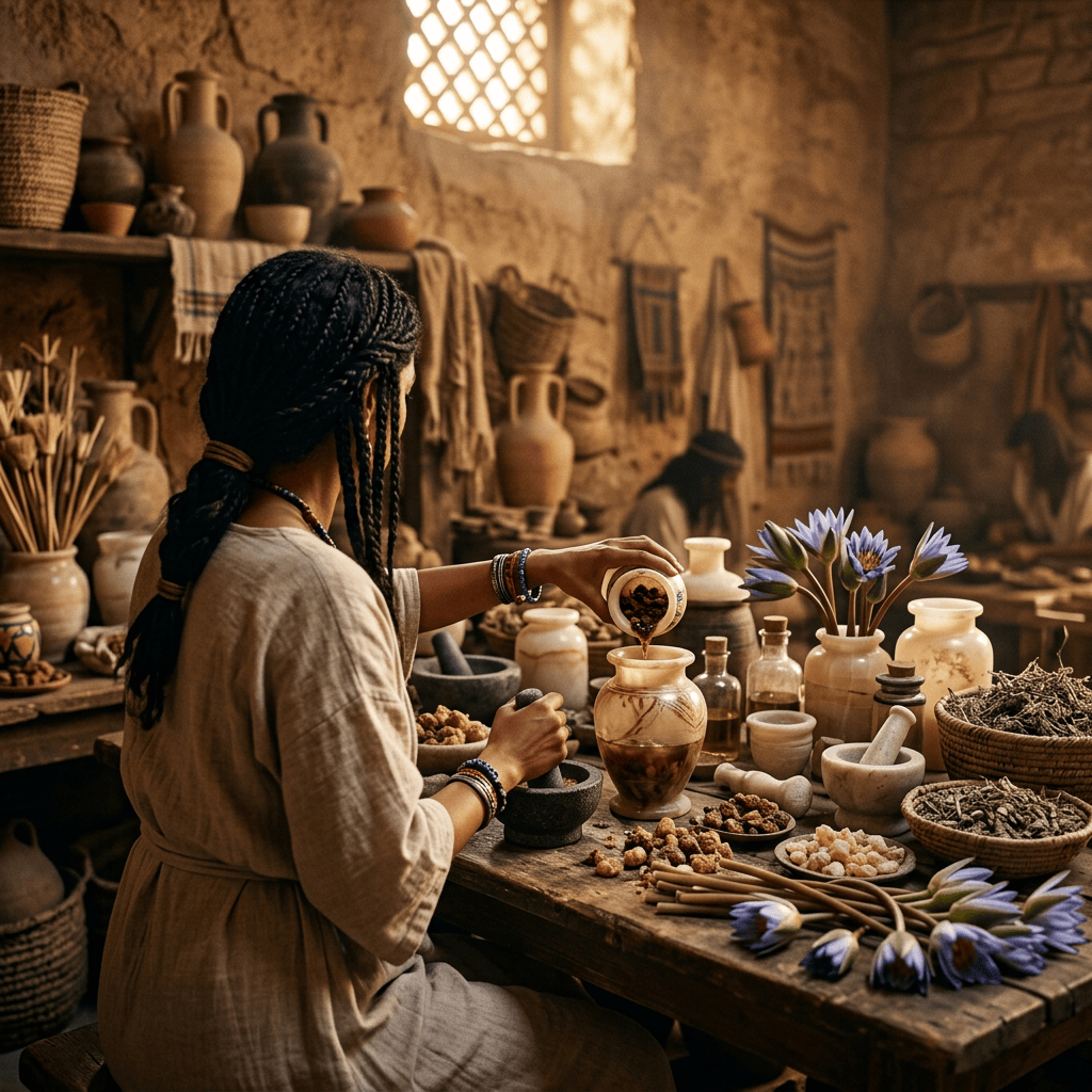 Herbalist pouring ingredients into a jar at a table of herbs and flowers