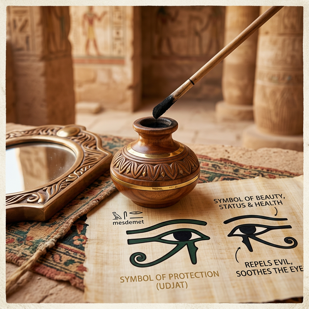 Incense vessel with Eye of Horus drawings and text: mesdemet; SYMBOL OF BEAUTY, STATUS & HEALTH; SYMBOL OF PROTECTION (UDJAT); REPELS EVIL, SOOTHES THE EYE