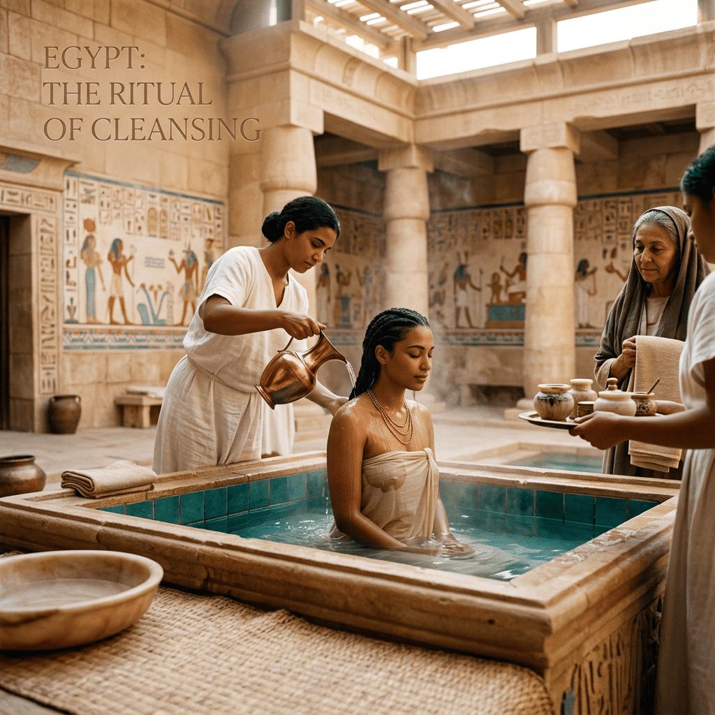 Woman receives ritual cleansing in an ancient Egyptian bath