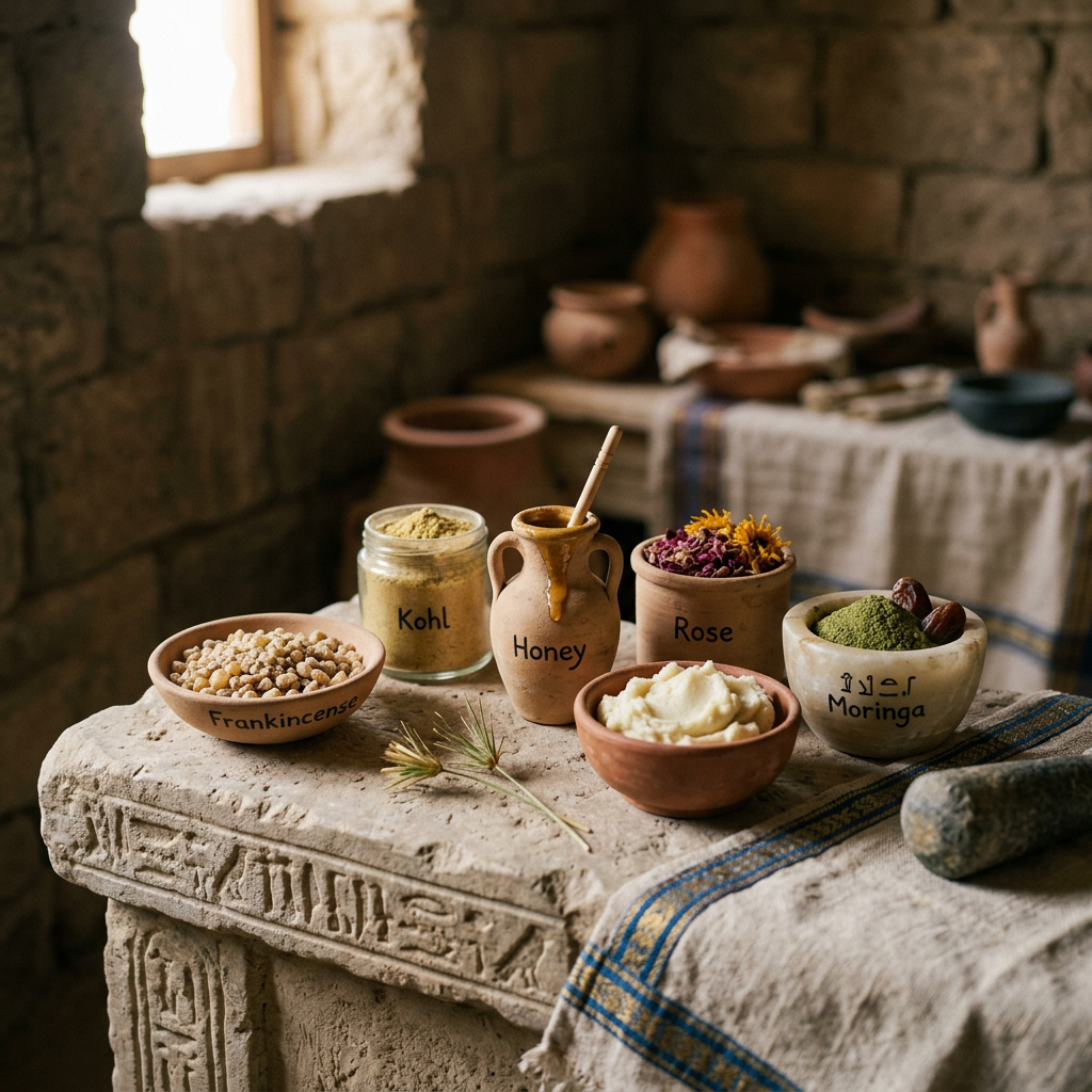 Bowls labeled Frankincense, Kohl, Honey, Rose, and Moringa with Arabic text