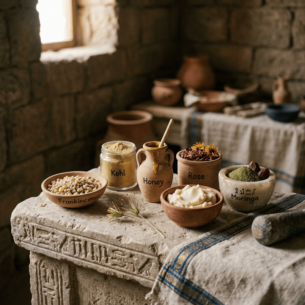 Bowls labeled Frankincense, Kohl, Honey, Rose, and Moringa with Arabic text