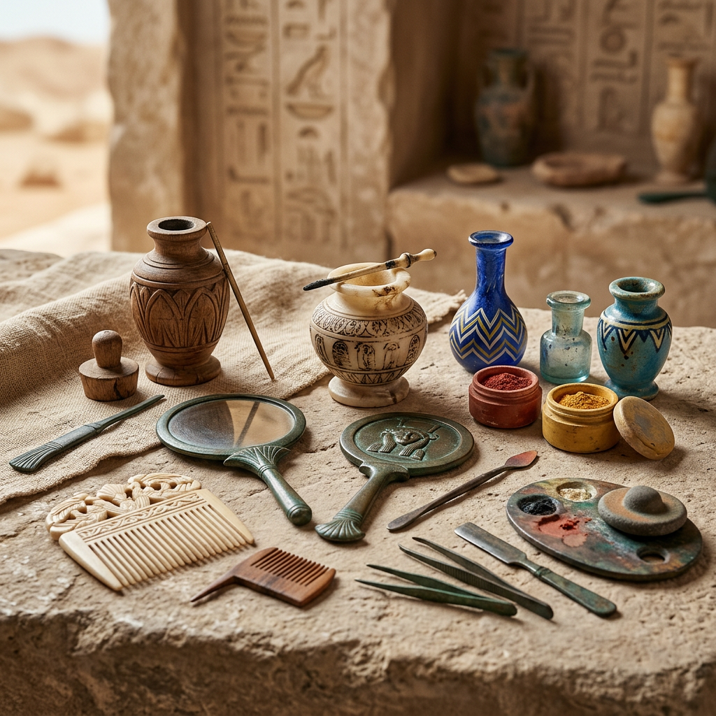 Egyptian-inspired pottery, cosmetics, combs, mirrors, and tools on a stone table