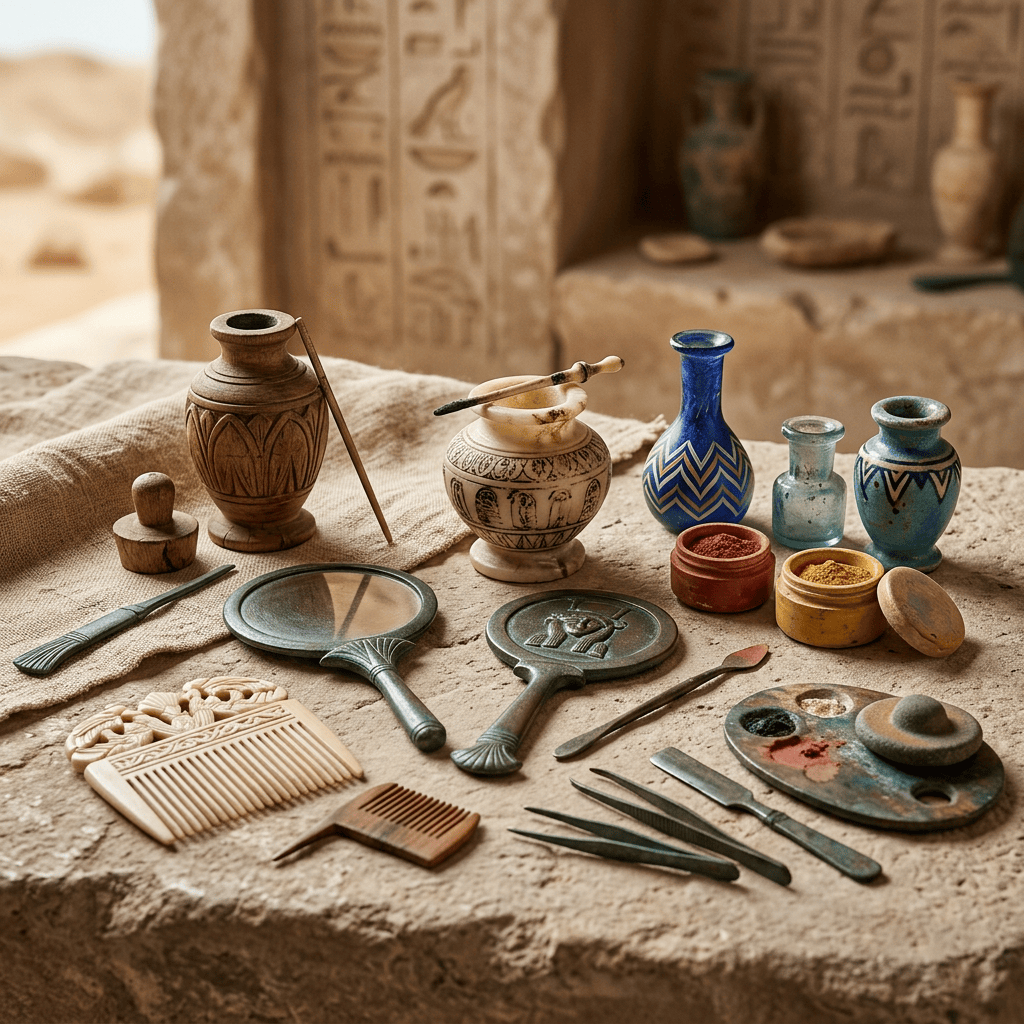 Egyptian-inspired pottery, cosmetics, combs, mirrors, and tools on a stone table