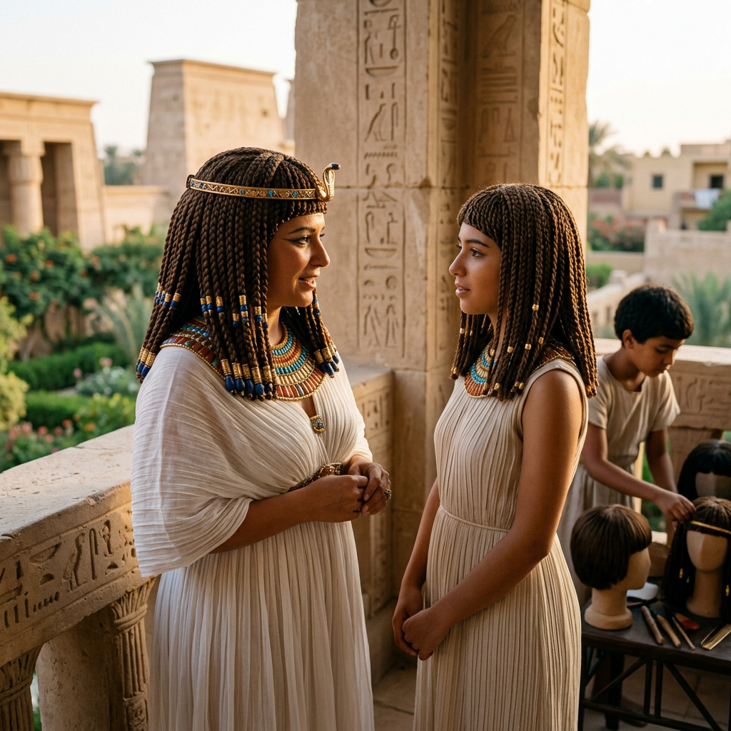 Two women in Egyptian-inspired dresses converse beside hieroglyph-covered columns.