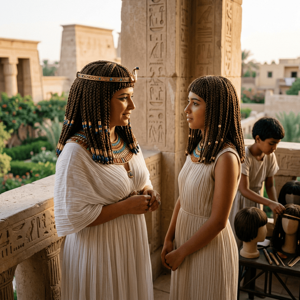 Two women in Egyptian-inspired dresses converse beside hieroglyph-covered columns.