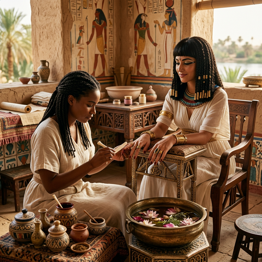 Two women perform a beauty ritual in an Egyptian-inspired room.