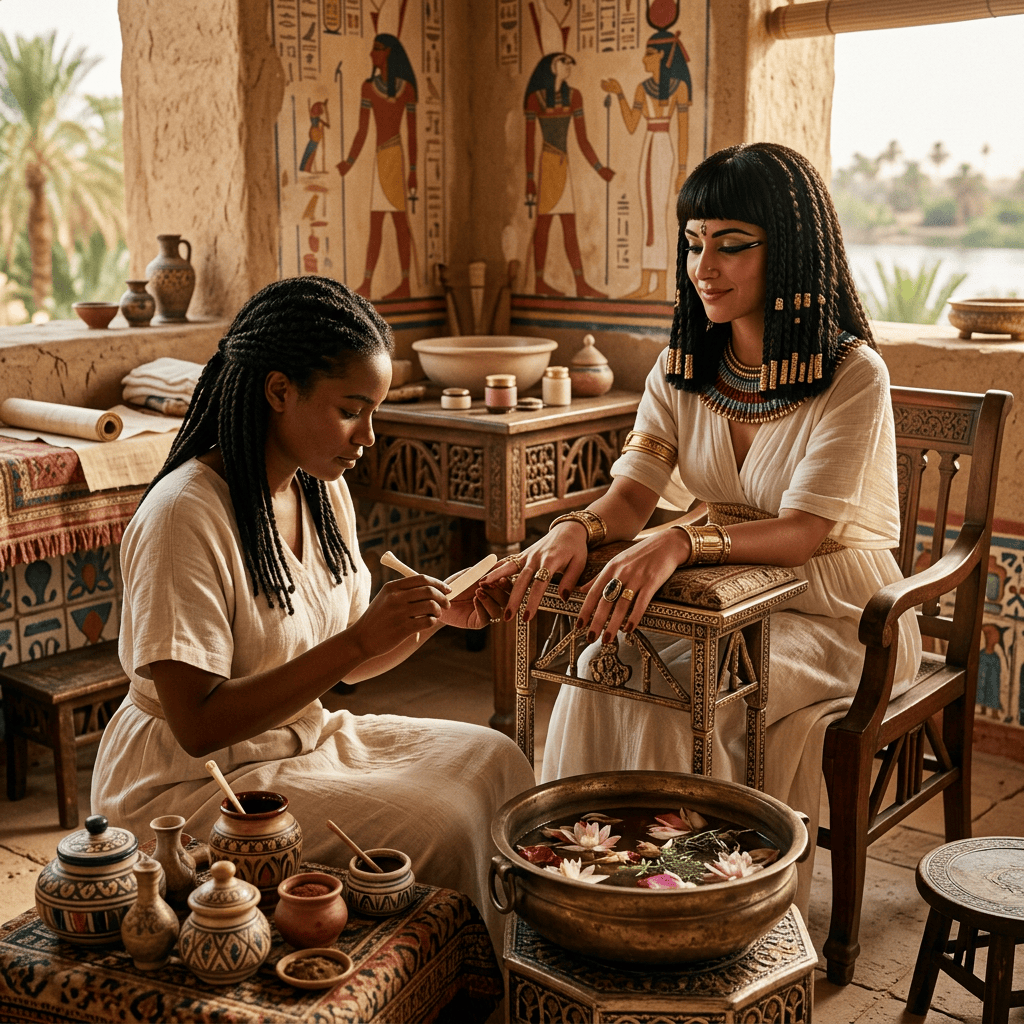 Two women perform a beauty ritual in an Egyptian-inspired room.