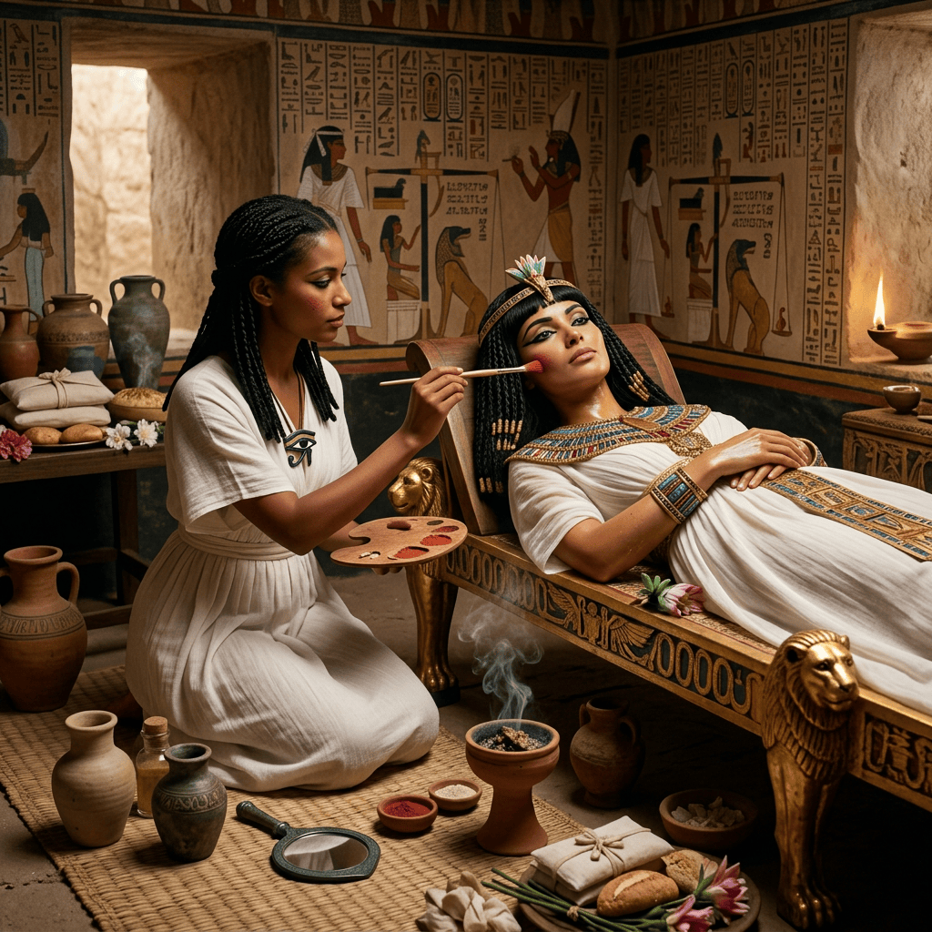 Makeup artist applying cosmetics to an Egyptian queen in a decorated chamber