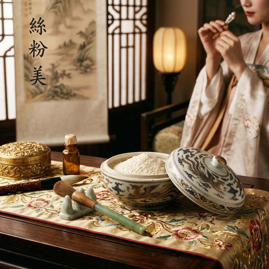 Woman in traditional clothing applying makeup beside powder, brushes, and Chinese text 絲粉美