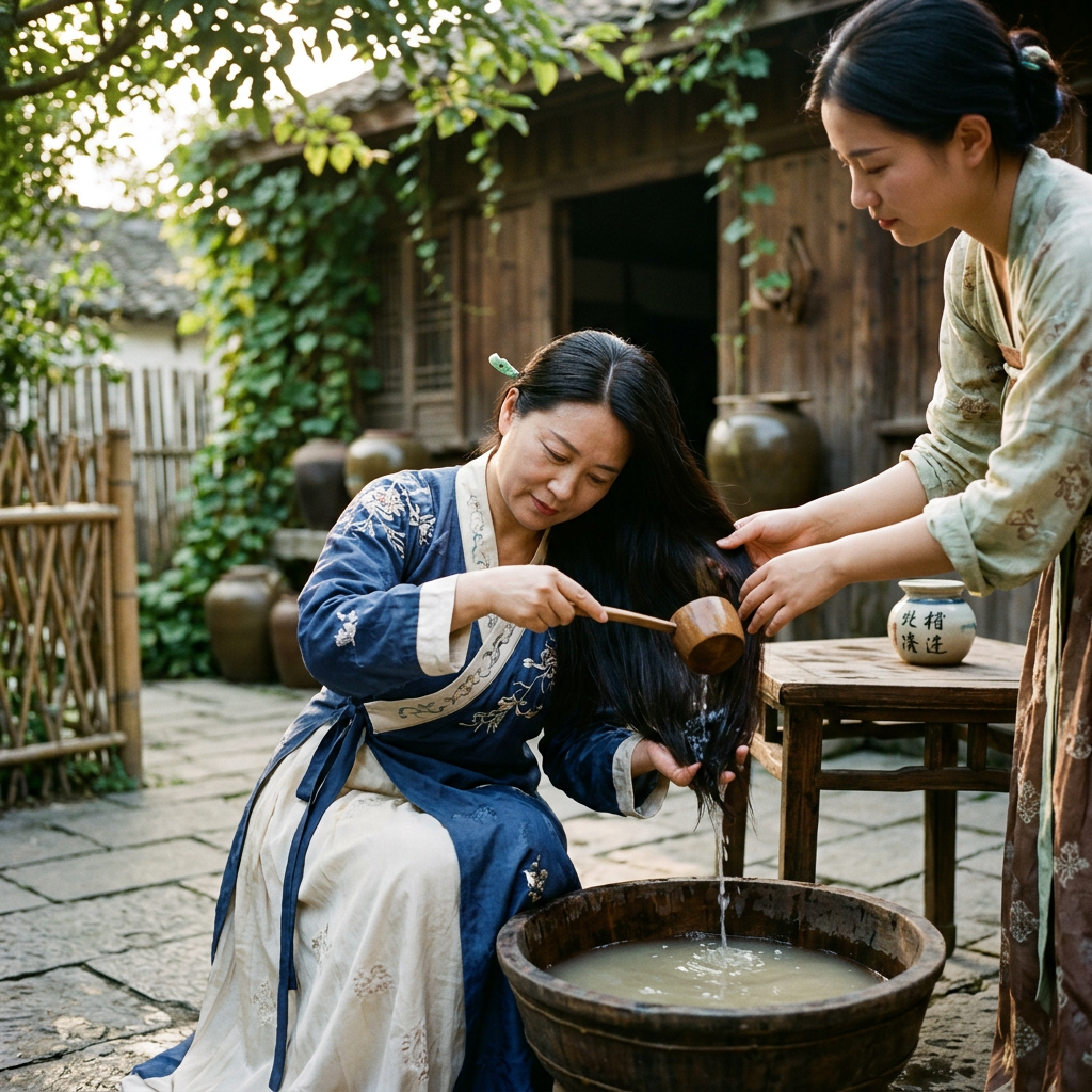 Two women wash long hair over a wooden basin in a rustic courtyard