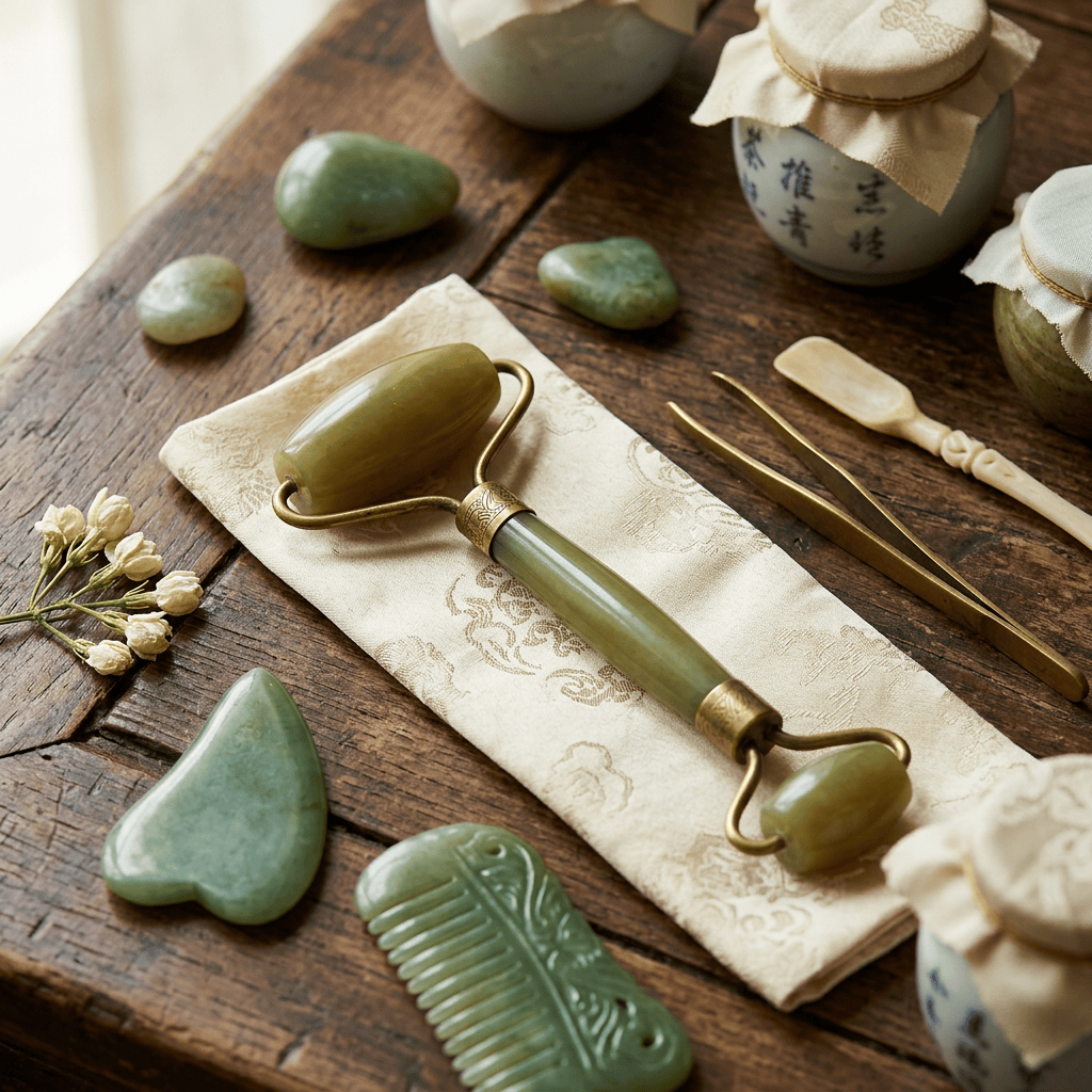 Jade massage tool, comb, stones, ceramic jars, and utensils on wooden table