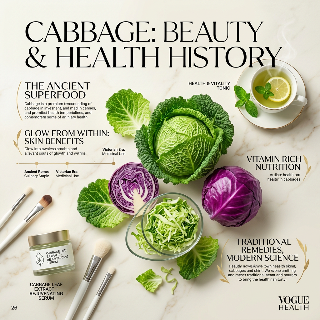 “Cabbage: Beauty & Health History” infographic featuring cabbages, tea, skincare, nutrition, and historical wellness claims.