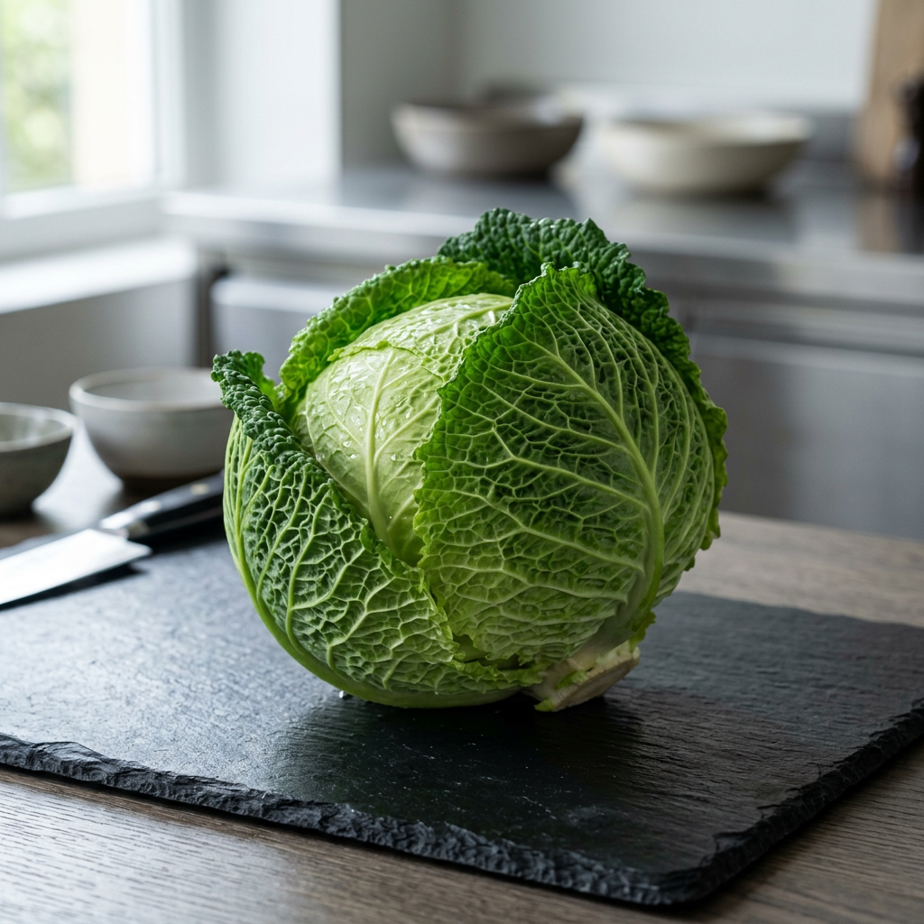 Fresh Savoy cabbage on a black slate cutting board