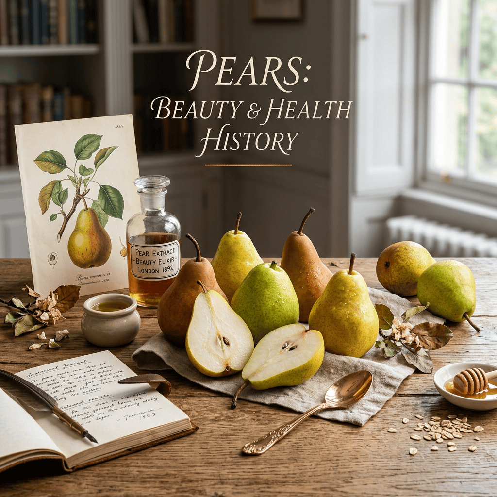 Still life reading PEARS: BEAUTY & HEALTH HISTORY, with pears, botanical print, and pear extract bottle labeled LONDON 1892
