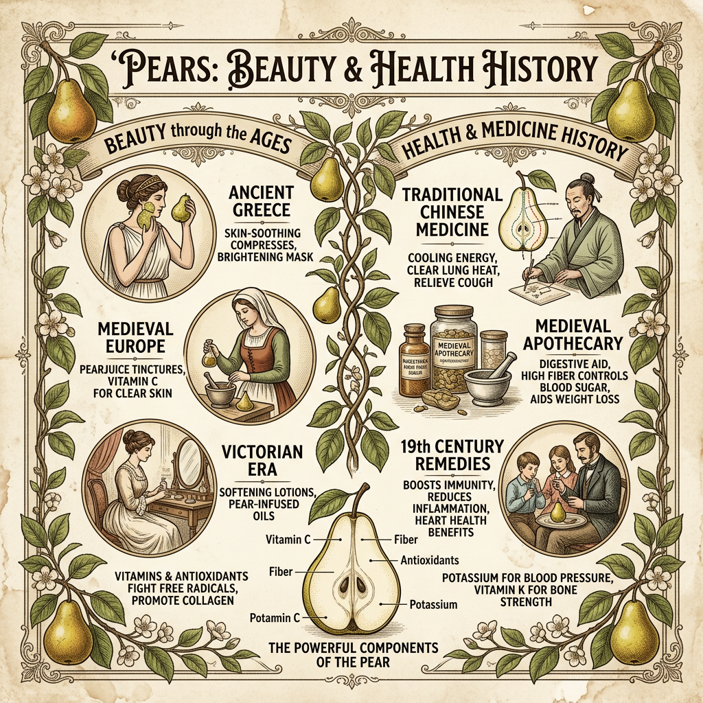 “Pears: Beauty & Health History”; Beauty Through the Ages: Ancient Greece—skin-soothing compresses, brightening mask; Medieval Europe—pear juice tinctures, vitamin C for clear skin; Victorian Era—softening lotions, pear-infused oils; Health & Medicine History: Traditional Chinese Medicine—cooling energy, clear lung heat, relieve cough; Medieval Apothecary—digestive aid, high fiber controls blood sugar, aids weight loss; 19th Century Remedies—boosts immunity, reduces inflammation, heart health benefits; Vitamins & antioxidants fight free radicals, promote collagen; potassium for blood pressure, vitamin K for bone strength; The Powerful Components of the Pear.