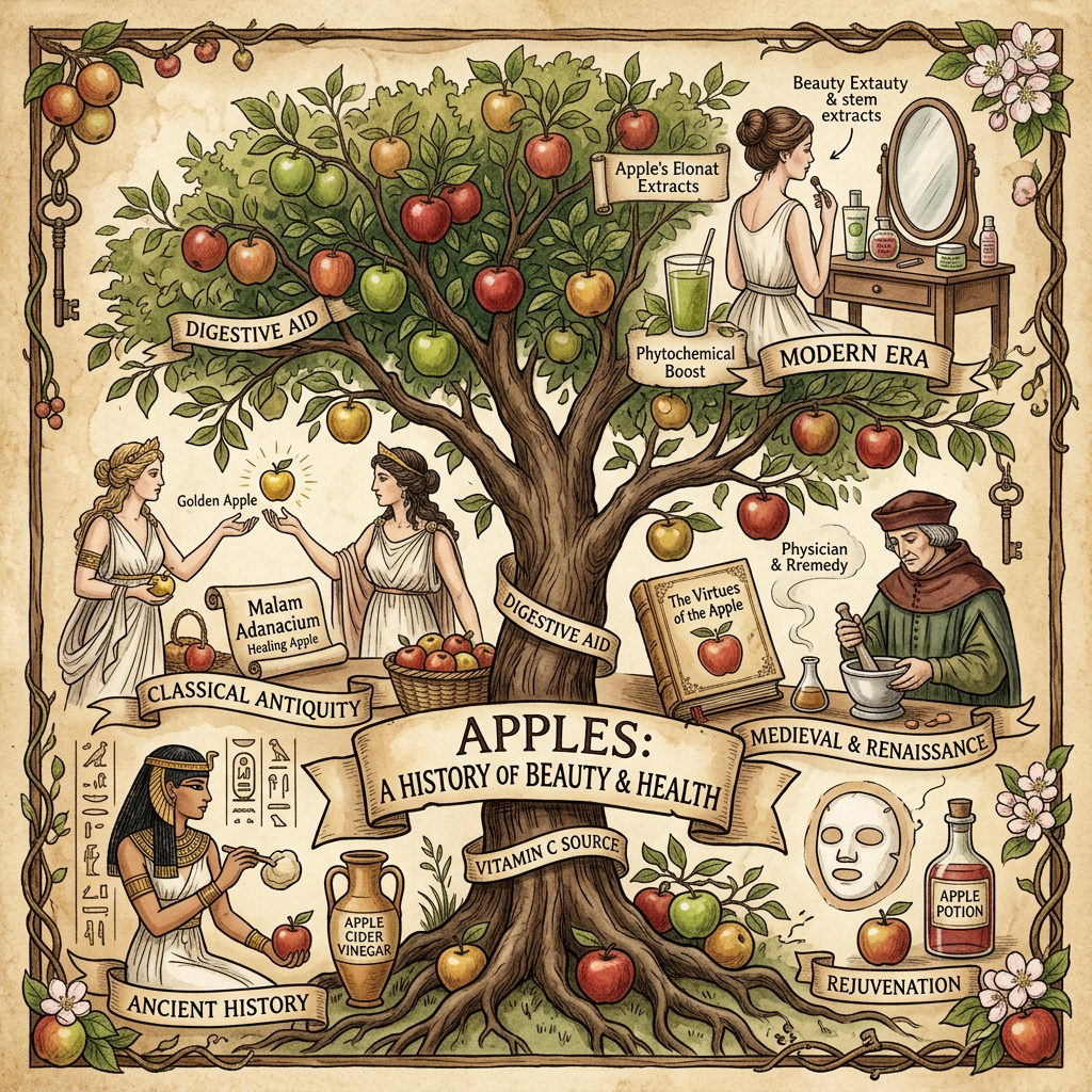 Illustrated apple history chart titled “Apples: A History of Beauty & Health,” spanning ancient, classical, medieval, and modern eras.