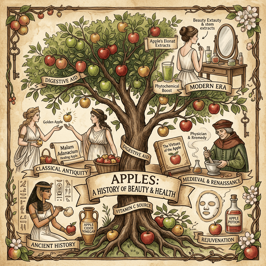 Illustrated apple history chart titled “Apples: A History of Beauty & Health,” spanning ancient, classical, medieval, and modern eras.