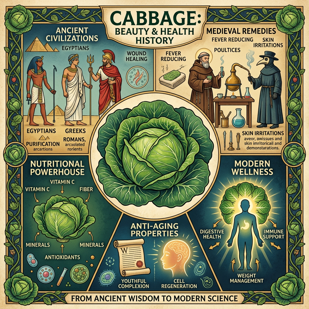Infographic titled “Cabbage: Beauty & Health History,” covering ancient civilizations, medieval remedies, nutrition, and modern wellness.