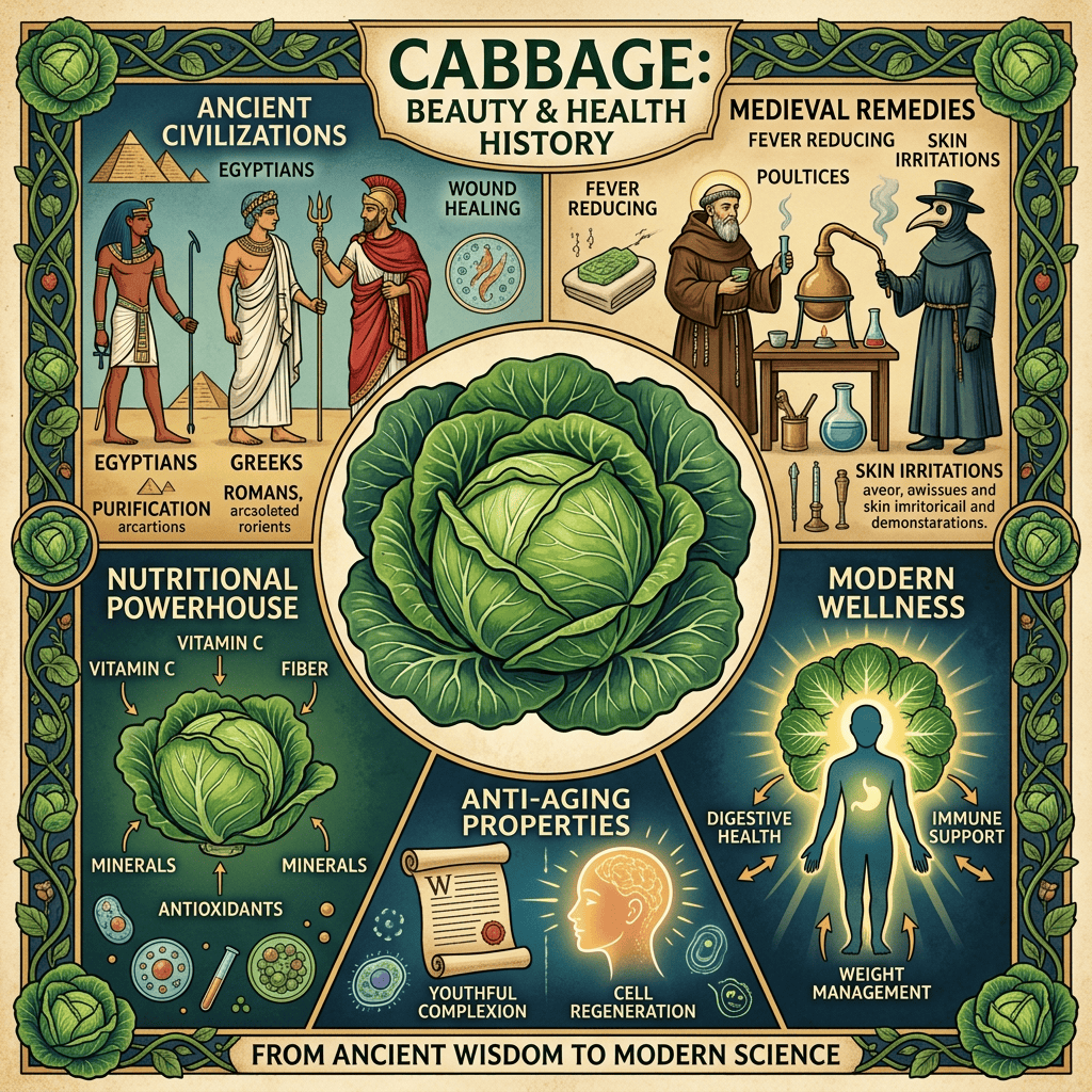 Infographic titled “Cabbage: Beauty & Health History,” covering ancient civilizations, medieval remedies, nutrition, and modern wellness.