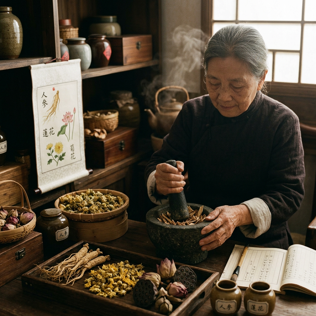 Older woman grinding herbs beside labeled Chinese medicines: 人参, 莲花, 菊花