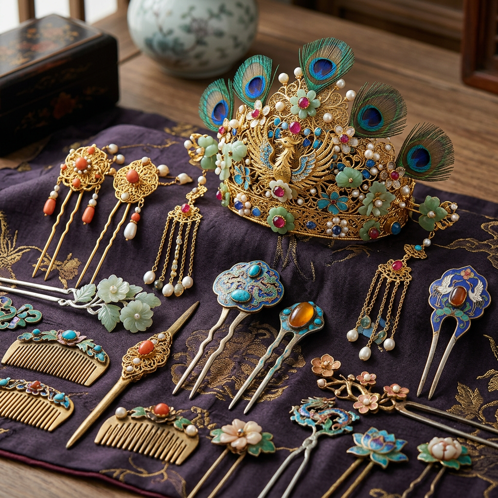 Ornate Chinese hair accessories and peacock-feathered crown on embroidered fabric