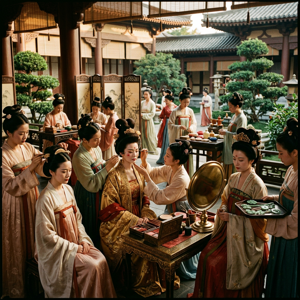 Women in traditional robes applying makeup in an ornate palace courtyard