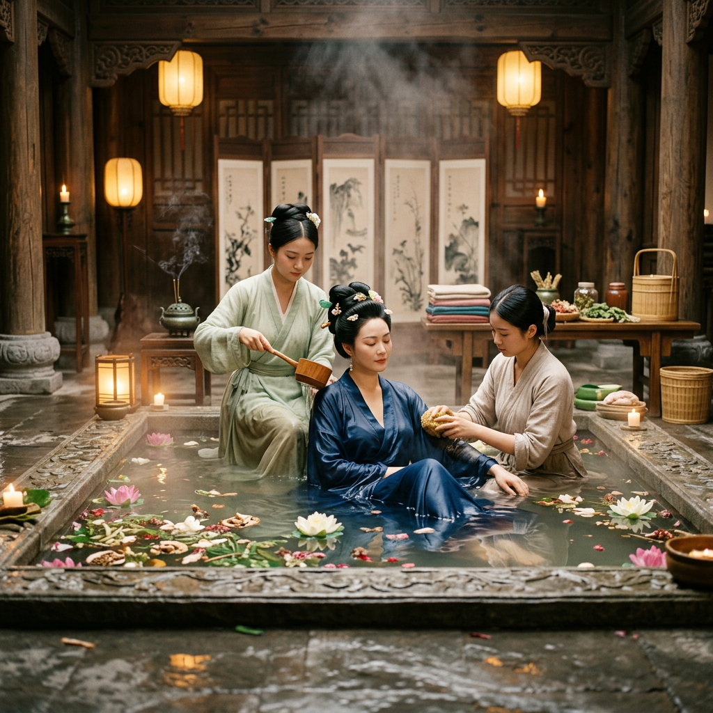 Three women receiving treatments in a flower-filled traditional bath