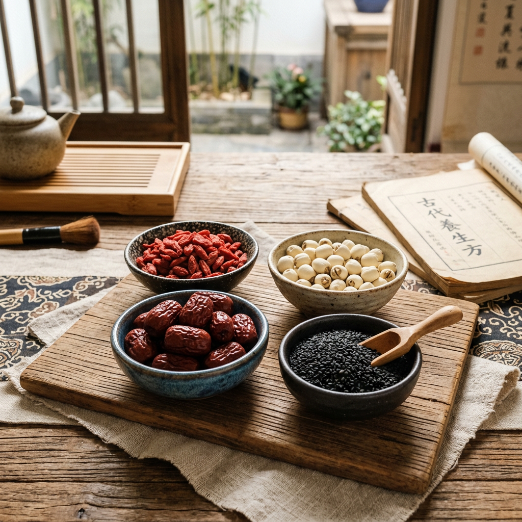 Four bowls of goji berries, lotus seeds, jujubes, and black sesame seeds