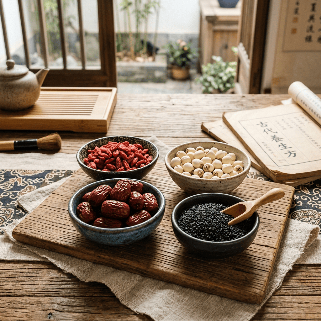 Four bowls of goji berries, lotus seeds, jujubes, and black sesame seeds