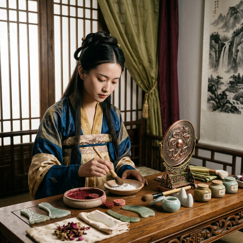 Woman in traditional Chinese clothing preparing cosmetics at an ornate table