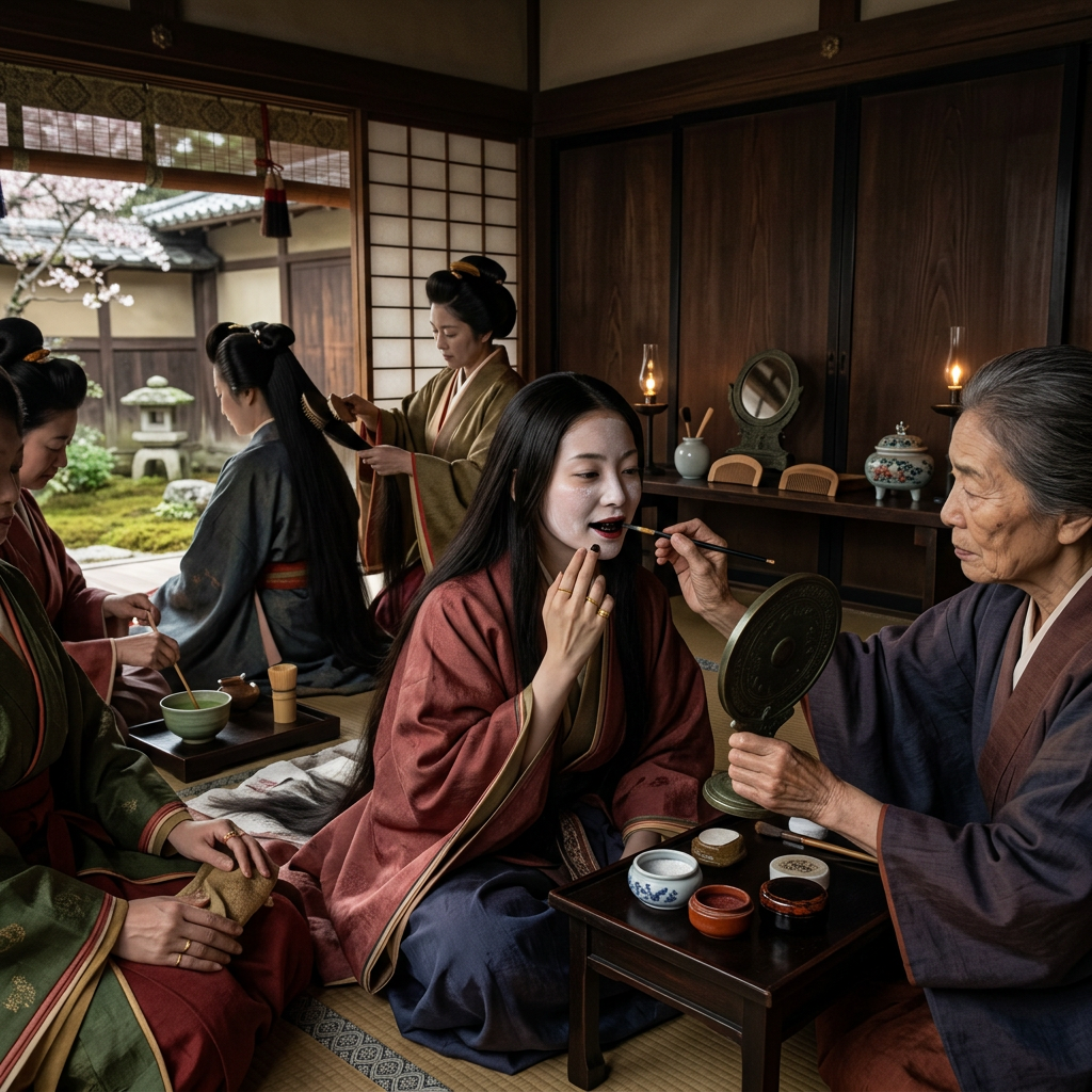 Women in traditional Japanese clothing prepare hair and apply makeup indoors
