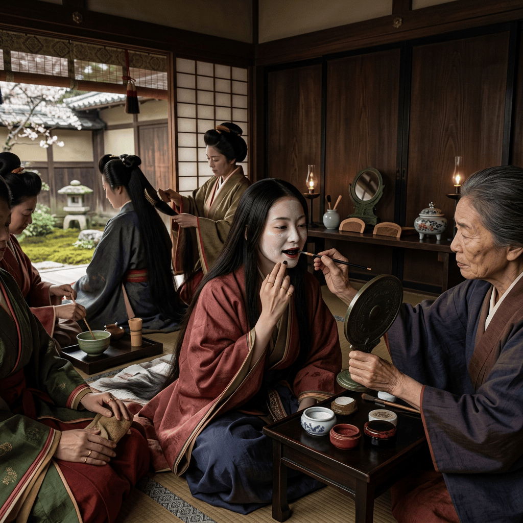 Women in traditional Japanese clothing prepare hair and apply makeup indoors