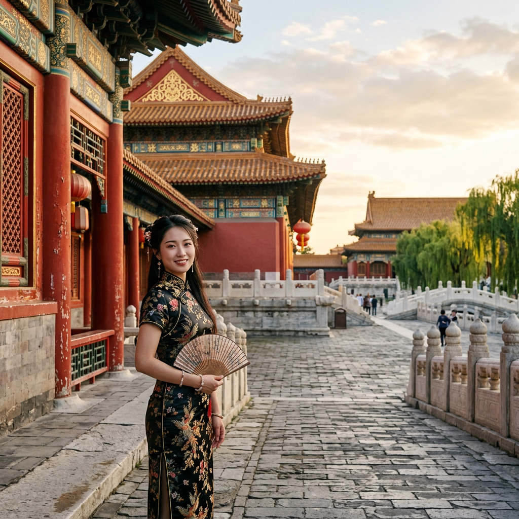 Woman in floral qipao holding a fan beside ornate Chinese palace buildings