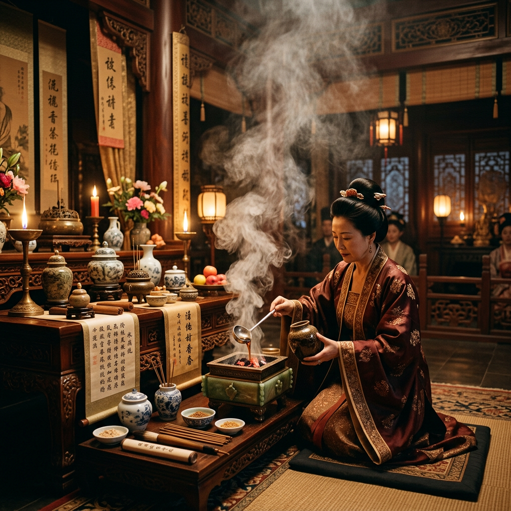 Woman in traditional robes preparing tea amid incense and Chinese altar furnishings