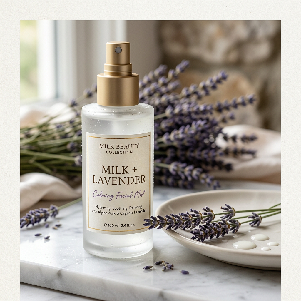 Milk Beauty Collection Milk + Lavender Calming Facial Mist, Hydrating. Soothing. Relaxing. with Alpine Milk & Organic Lavender, 100 ml | 3.4 fl. oz., beside lavender sprigs