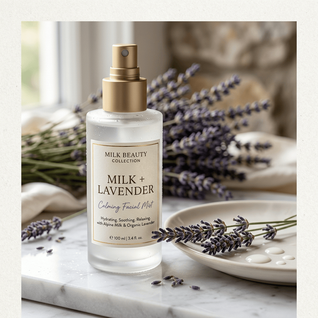 Milk Beauty Collection Milk + Lavender Calming Facial Mist, Hydrating. Soothing. Relaxing. with Alpine Milk & Organic Lavender, 100 ml | 3.4 fl. oz., beside lavender sprigs