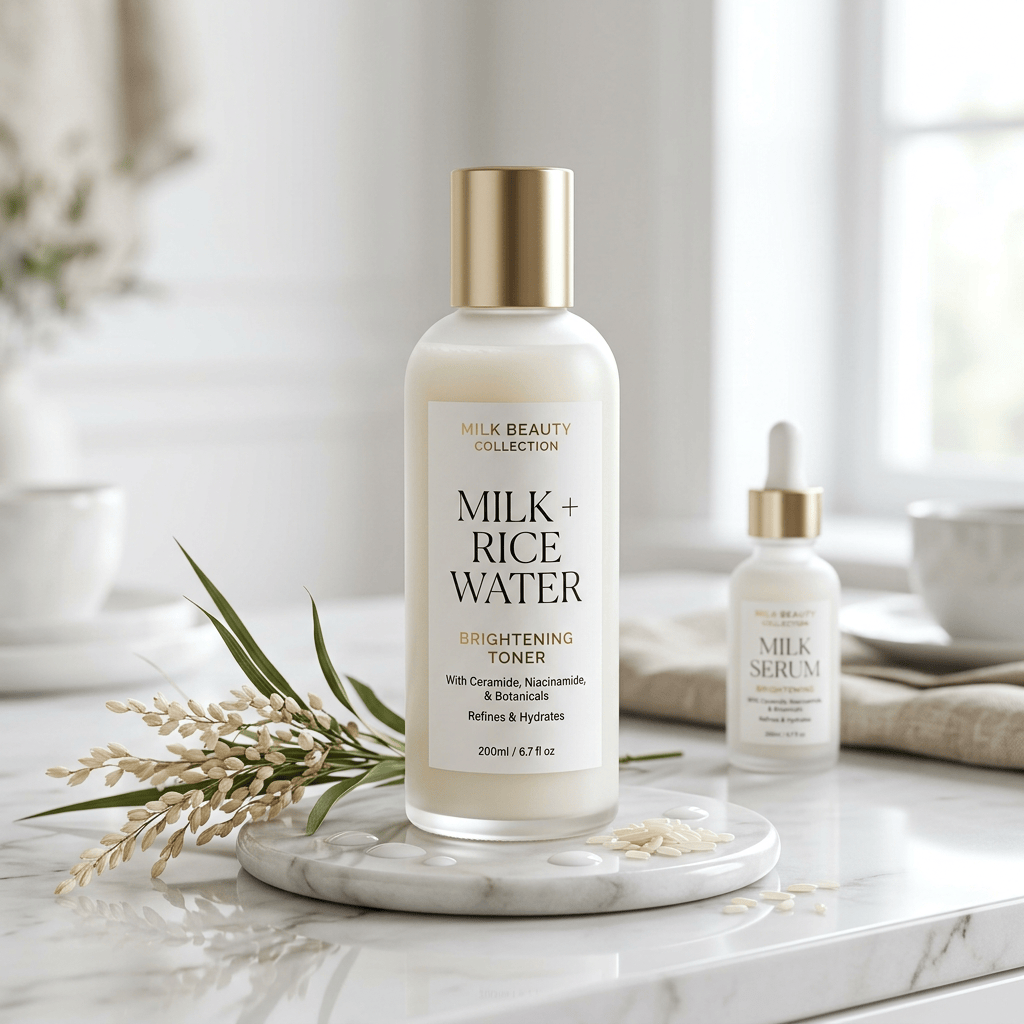 Milk + Rice Water Brightening Toner and Milk Serum skincare bottles