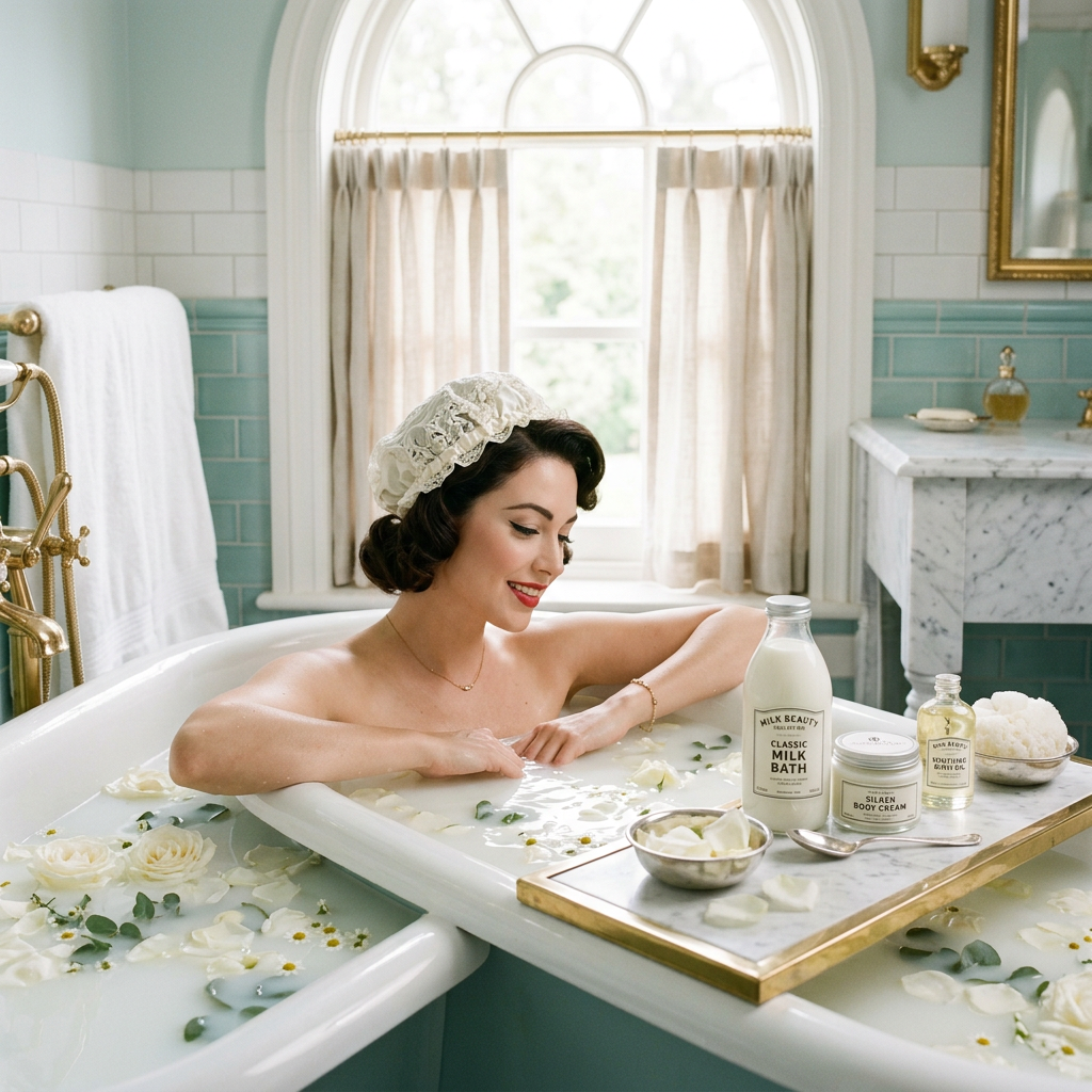 Woman relaxing in a flower-filled milk bath beside bath products