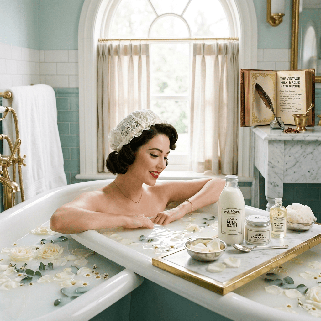 Woman relaxing in a flower-filled milk bath beside bath products