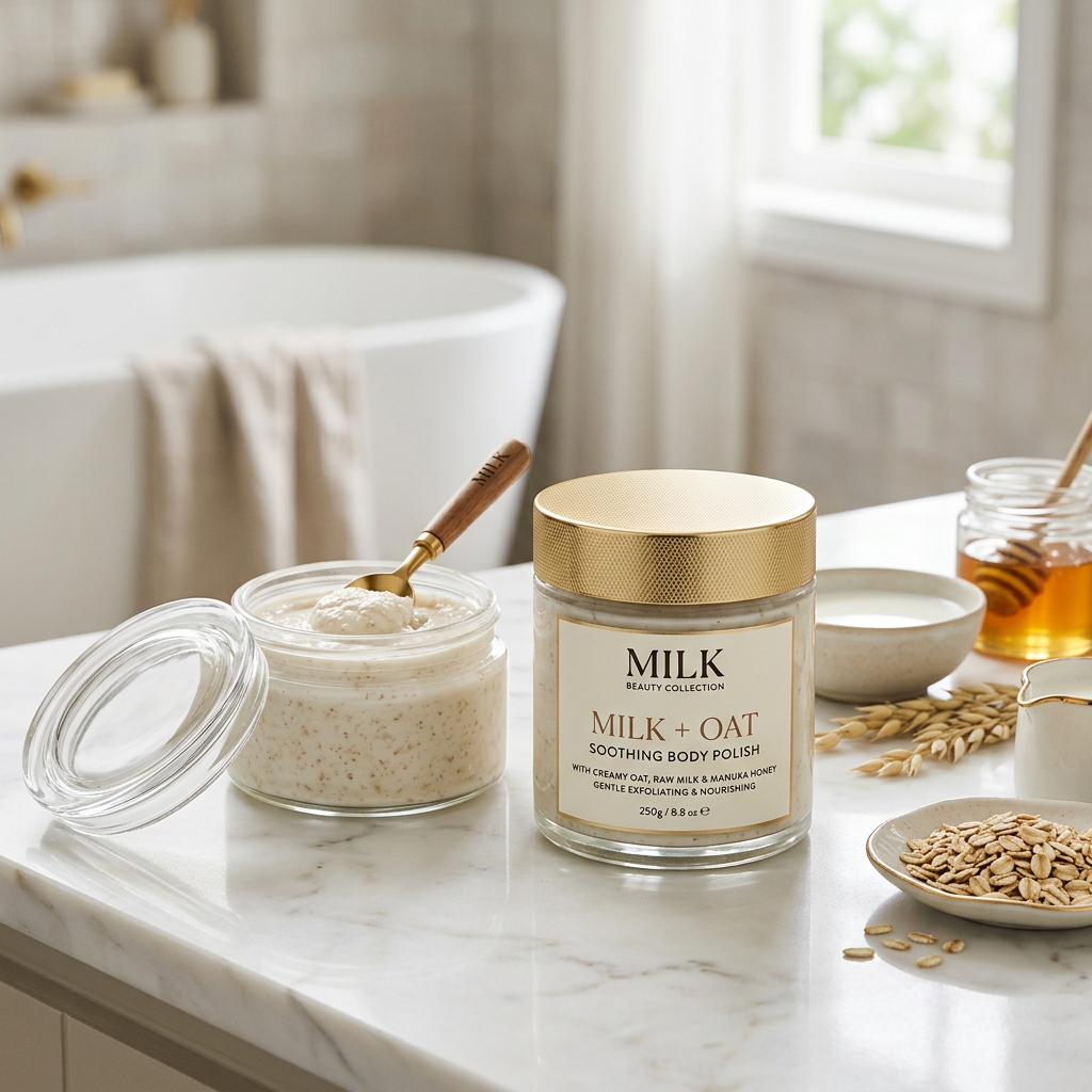 Milk Beauty Collection Milk + Oat Soothing Body Polish, 250g / 8.8 oz, beside oats, honey, and cream