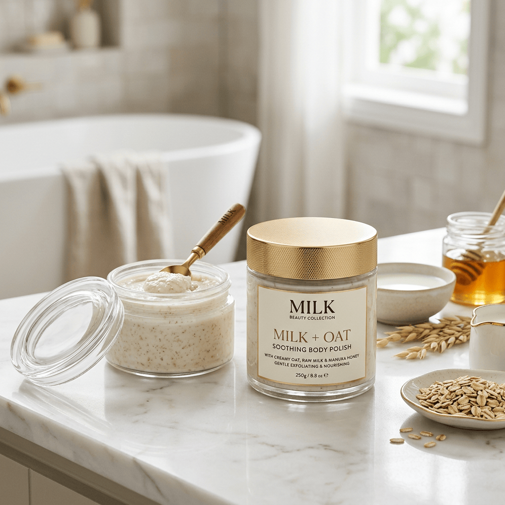 Milk Beauty Collection Milk + Oat Soothing Body Polish, 250g / 8.8 oz, beside oats, honey, and cream