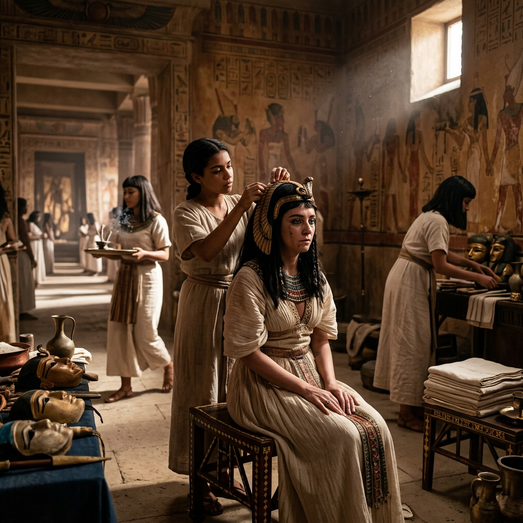 Attendants prepare a seated woman in an ancient Egyptian temple.