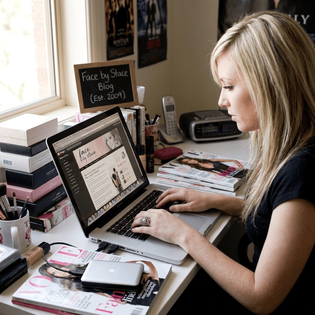 Beauty blogger typing on laptop beside magazines and cosmetics