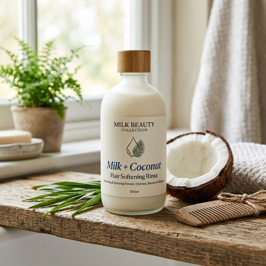 Milk Beauty Collection Milk + Coconut Hair Softening Rinse bottle beside coconut and wooden comb